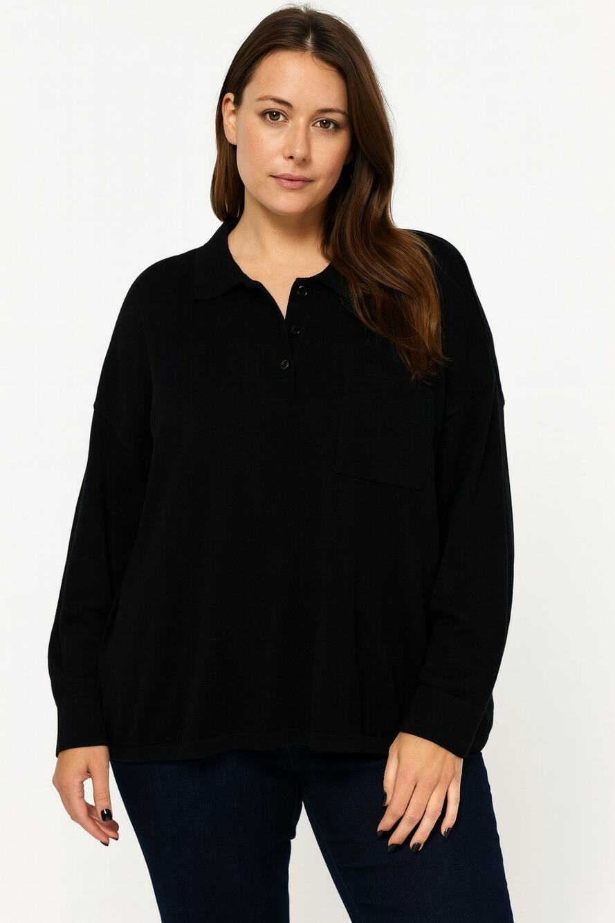 RDI Womens Size Medium Oversized Polo Collared Pullover Sweater Black Pocket